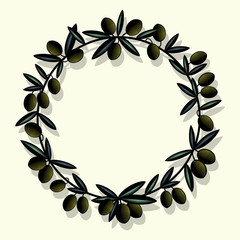 Obraz premium Green Olives Wreath for Label. Olives with leaves in a circle. Engraving style Illustration. 