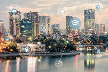 Smart city and wireless communication network concept. Digital network connection lines of Hanoi city, Vietnam