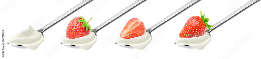 Aufkleber cream and strawberry collection. spoons with whipped cream and strawberry of different shapes on top