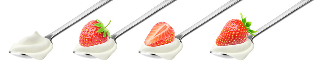 Cream and strawberry collection. Spoons with whipped cream and strawberry of different shapes  on...
