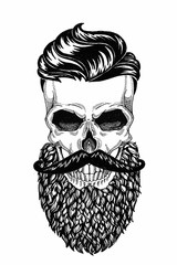 Monochrome illustration barbershop of skull with beard, mustache, hipster haircut and on white background, cartoon, angry, beautiful, brutal.