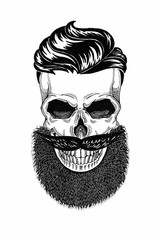Monochrome illustration barbershop of skull with beard, mustache, hipster haircut and on white background, cartoon, angry, beautiful, brutal.