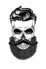 Monochrome illustration barbershop of skull with beard, mustache, hipster haircut and on white background, cartoon, angry, beautiful, brutal.