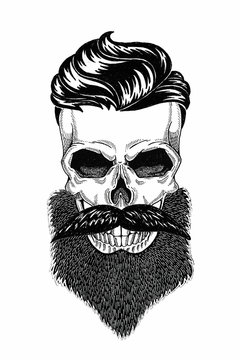 Monochrome illustration barbershop of skull with beard, mustache, hipster haircut and on white background, cartoon, angry, beautiful, brutal.