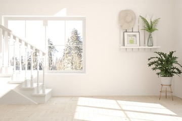 Mock up of empty room in white color with winter landscape in window. Scandinavian interior design. 3D illustration