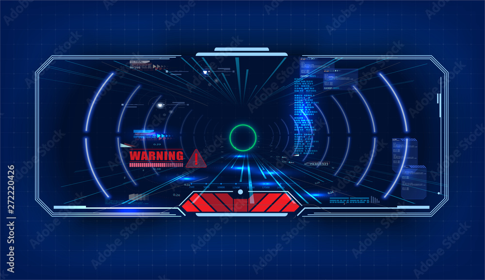 Fototapete Futuristic Vector HUD Interface Screen Design. Sci-Fi Virtual Reality Technology View Display. Concept of future technology of entertainment, virtual reality.  View from the cockpit spaceship. Vector