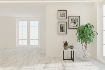 Empty room in white color. Scandinavian interior design. 3D illustration