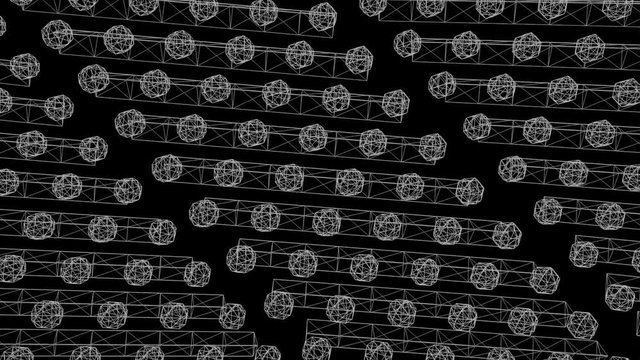 Abstract black and white frames of geometrical figures moving on black background, seamless loop. Animation. 3D figure frames swaying and rotating, monochrome.