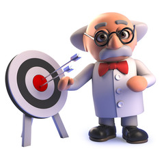 Cartoon 3d mad scientist professor standing by a target with arrows in it