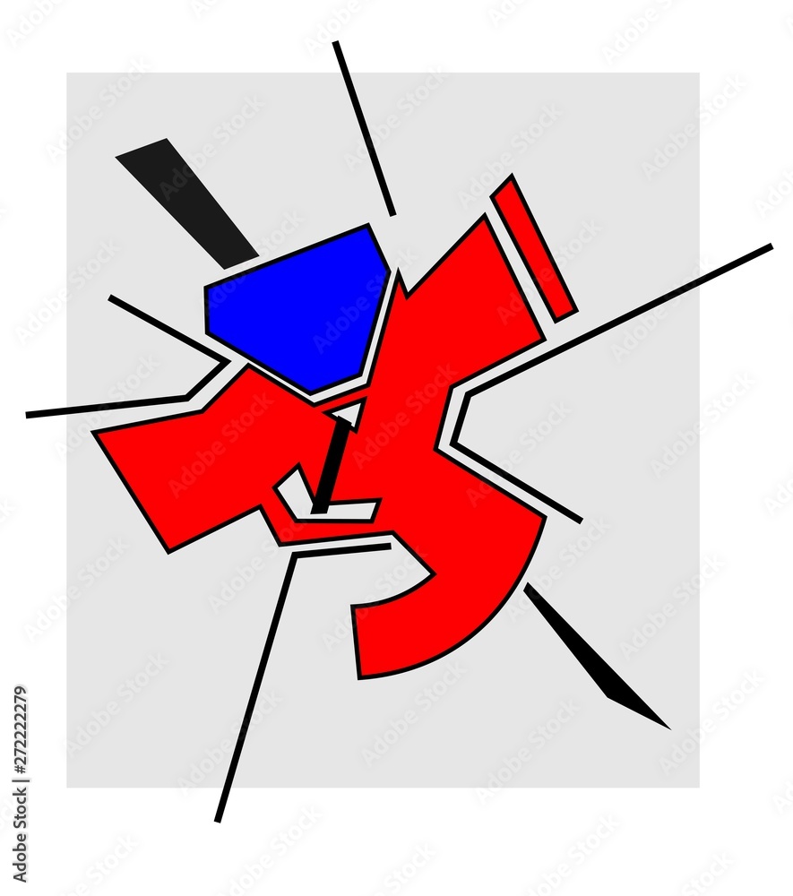 Poster Abstract geometrical shapes in blue and red colors on beige background. Print. Colorful pattern in constructivism style