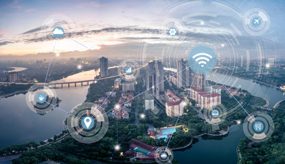 Smart city and wireless communication network concept. Digital network connection lines of Hanoi city, Vietnam at Linh Dam lake