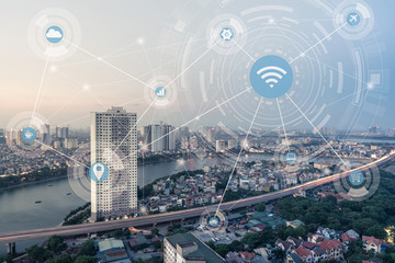 Smart city and wireless communication network concept. Digital network connection lines