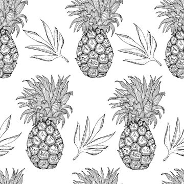 Seamless pattern with hand drawn pineapple monochrome and tropical leaves vector illustration