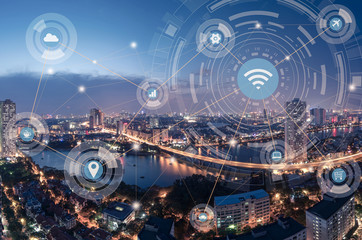 Smart city and wireless communication network concept. Digital network connection lines of Hanoi at...