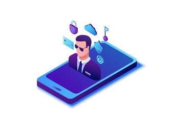 Data protection concept, cyber security 3d isometric vector illustration, firewall attack, phishing scam, information protection concept,  computer safety and security
