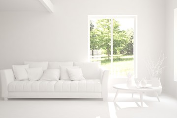 Mock up of stylish room in white color with sofa and green landscape in window. Scandinavian interior design. 3D illustration