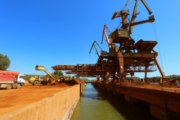 Fototapeta na wymiar Industrial cargo port with operating cranes on the Danube river