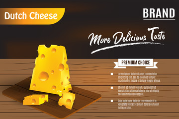 3d illustration delicious yellow cheese on wooden table for ads, advertisement, promotion