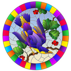 Illustration in the style of stained glass with a beautiful bright purple  bird  on a  background of branch of tree and sky,oval image in bright frame