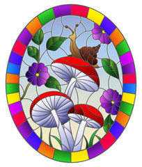 Illustration in stained glass style snail on the mushroom , on the background branches with leaves , grass and sky,oval image in bright frame