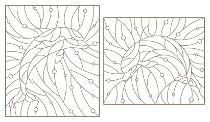 Set of contour illustrations of stained glass Windows with dolphins, dark contours on a white background