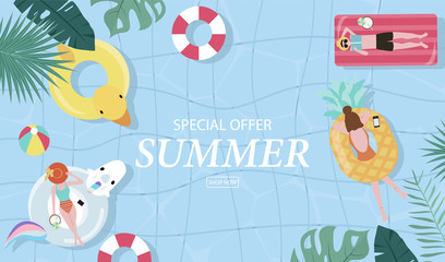 Summer sale background with tiny people,umbrellas, ball,float  in the top view pool.Vector summer banner