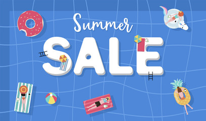Summer sale background with tiny people,umbrellas, ball,float  in the top view pool.Vector summer banner