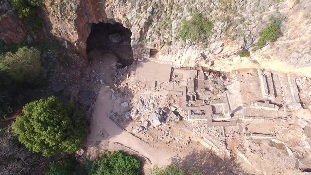 Top aerial view of Cave of Banias and ancient ruins. Golan. Israel. DJI-0015-01