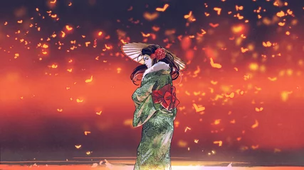 Fototapeten junges asiatisches mädchen in japanischer traditioneller kleidung hält einen regenschirm gegen einen fantasieplatz mit glühenden insekten, die herumfliegen, digitaler kunststil, illustrationsmalerei © grandfailure