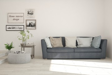 Stylish room in white color with sofa. Scandinavian interior design. 3D illustration