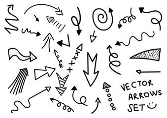 Cartoon pictures set of different hand drawn arrows. Mixed style white and black flat icons. Vector illustration. White background.