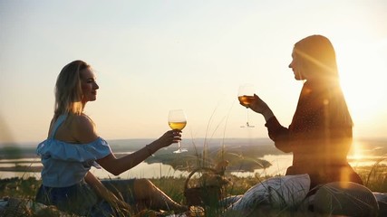 A couple of lesbians had a picnic. They clink glasses of wine - Powered by Adobe