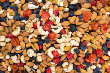 Natural background made from different kinds of nuts and raisins. Top view