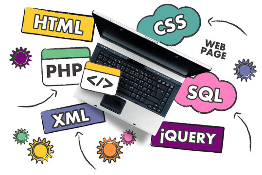 web page coding. laptop on programming languages names