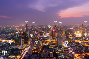 Cityscape of Bangkok with added generic wifi signals and access points within the city.