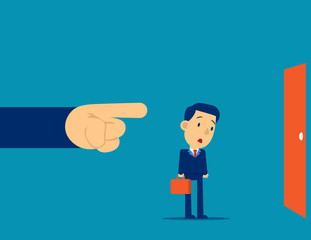 Being Fired. Manager finger showing the exit door. Concept business fired vector illustration, Kid flat cartoon business character design.
