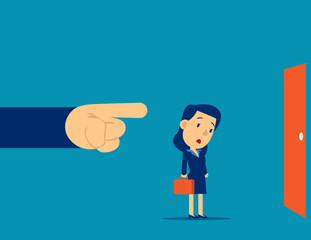 Being Fired. Manager finger showing the exit door. Concept business fired vector illustration, Kid flat cartoon business character design.