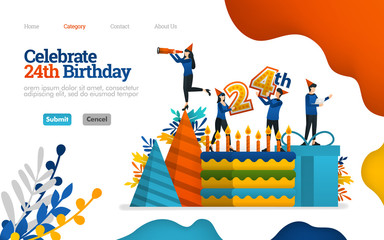 Celebrate birthdays, celebration days, 24th anniversary. birthday cake and equipment. Vector flat illustration concept, can use for, landing page, template, ui, web, homepage, poster, banner, flyer
