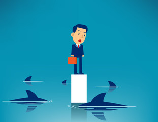Business man and Surrounded shark. Concept business trap vector illustration, Challenge,  Dangerous, Kid flat cartoon character style design.