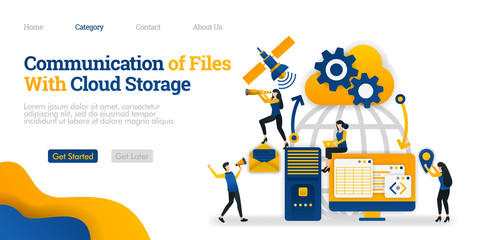 Obraz na płótnie Canvas Communication of File With Cloud Storage between personal device, storage and satellite. Vector flat illustration concept, can use for, landing page, template, ui, web, homepage, poster, banner, flyer