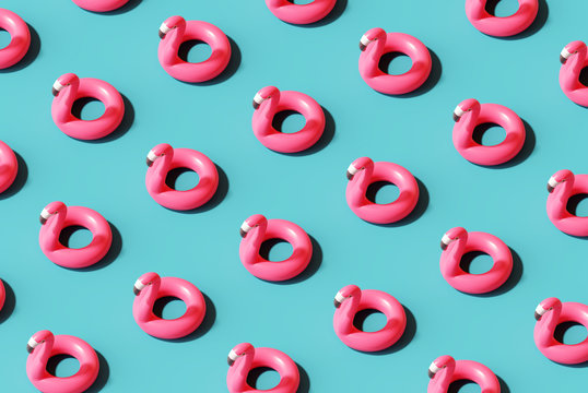 Flamingo float pattern on blue background. Summer concept. 3d rendering