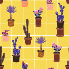 Bright summer Cactus in many kind of pots on window check line Vector seamless pattern with different  ,Hand drawing background with desert plants ,all prints on yellow background color.