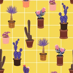 Afwasbaar behang Heldere zomer Cactus in vele soorten potten op raam check lijn Vector naadloze patroon met verschillende, Hand tekenen achtergrond met woestijnplanten, alle prints op gele achtergrondkleur. © MSNTY_STUDIOX