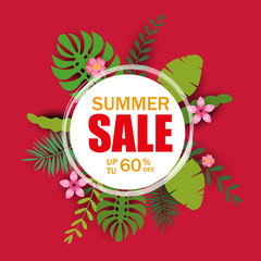 Summer sale template banner, poster with palm leaves, jungle leaf