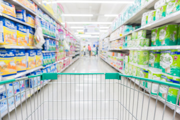 Blurred food and drink on shelf in supermarket