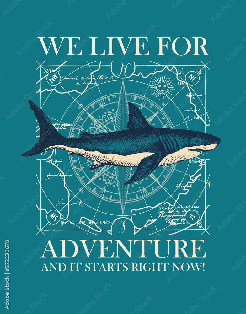 Poster vector banner with hand-drawn shark on the background of wind rose and old map in retro style. illus