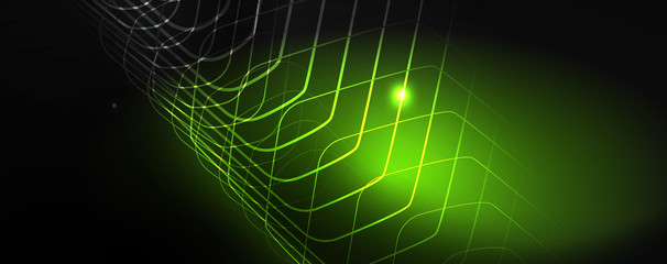 Shiny neon techno template. Neon lines background, 80s style laser rays