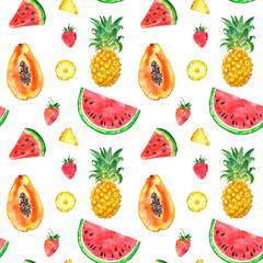 Seamless pattern with isolated watercolor summer exotic fruits - watermelon slice, pineapple, papaya, strawberry.