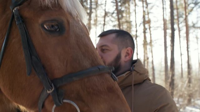 Close up view of cheerful caucasian man caressing cute horse with affection in woods on frosty winter day