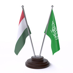 Hungary and Saudi Arabia, two table flags isolated on white background. 3d image